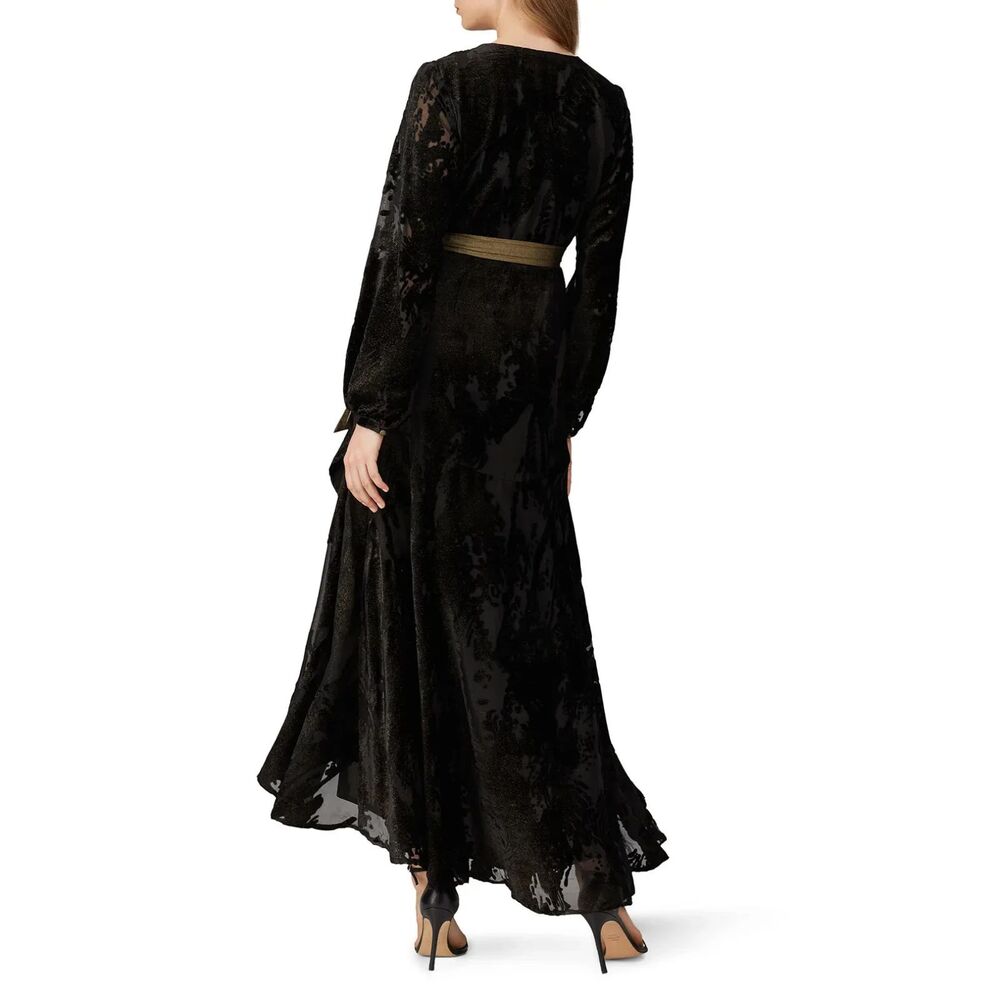 Hutch Black Burnout Velvet Wrap Maxi Dress Metallic Sash Hi-Low Hem Size M - Picture 3 of 12